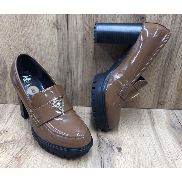 GUESS Women’s Keaton Chunky Platform Heels Brown Patent Leather Shoes Size 8 M - Picture 1 of 16